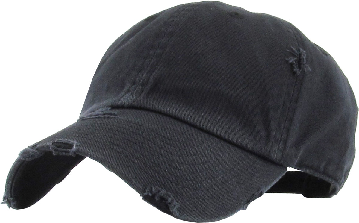 Pigment Washed Black Distressed Vintage Baseball Cap Front Side View